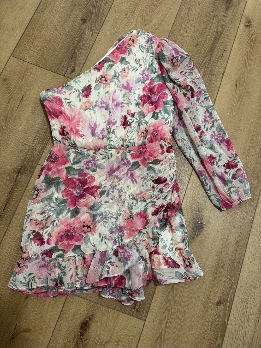 Express Floral One-Shoulder Ruffle Mini Dress - Pink & Green